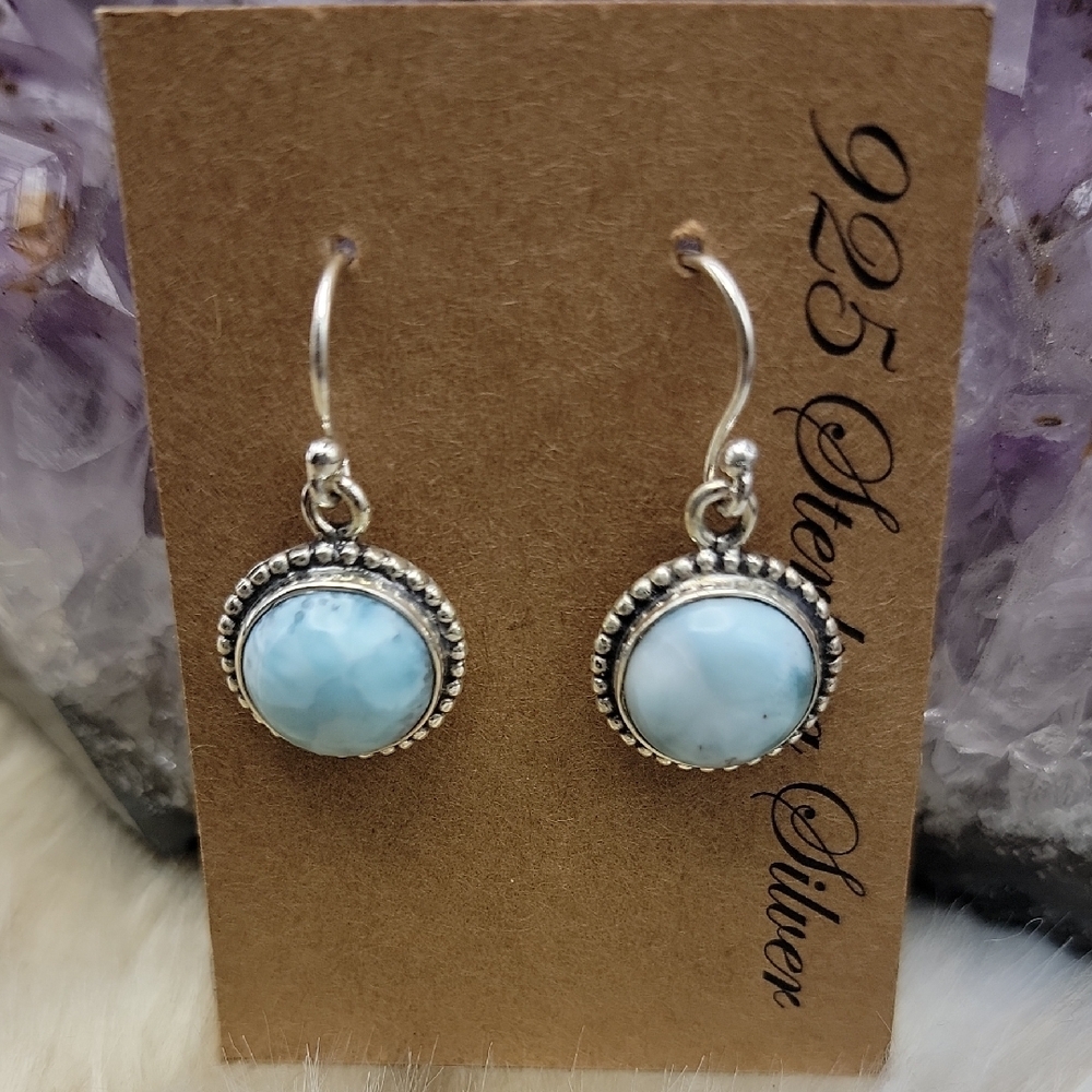 925 Sterling Silver Dominican Republic Blue Larimer Gemstone 1.25" Drop Earrings